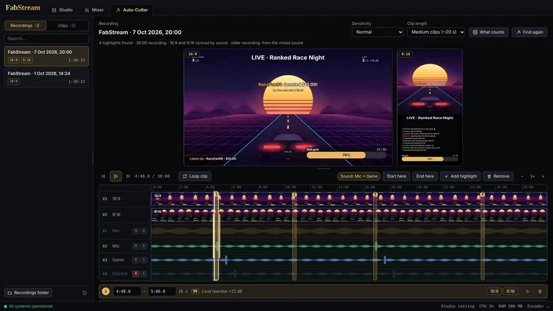 FabStream Auto-Cutter with 16:9 and 9:16 preview and highlight markers on the timeline