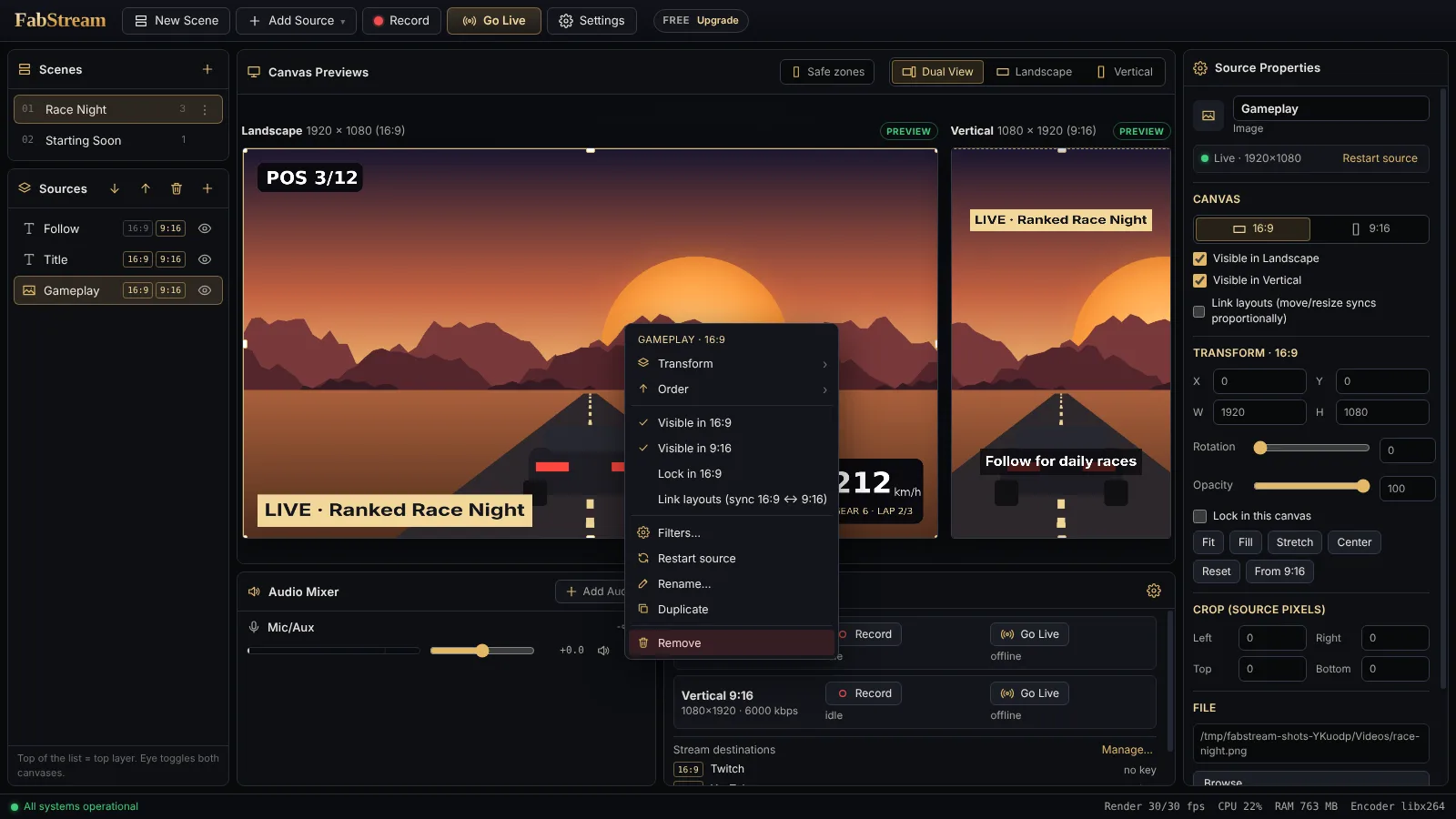 Context menu on a source in the FabStream preview