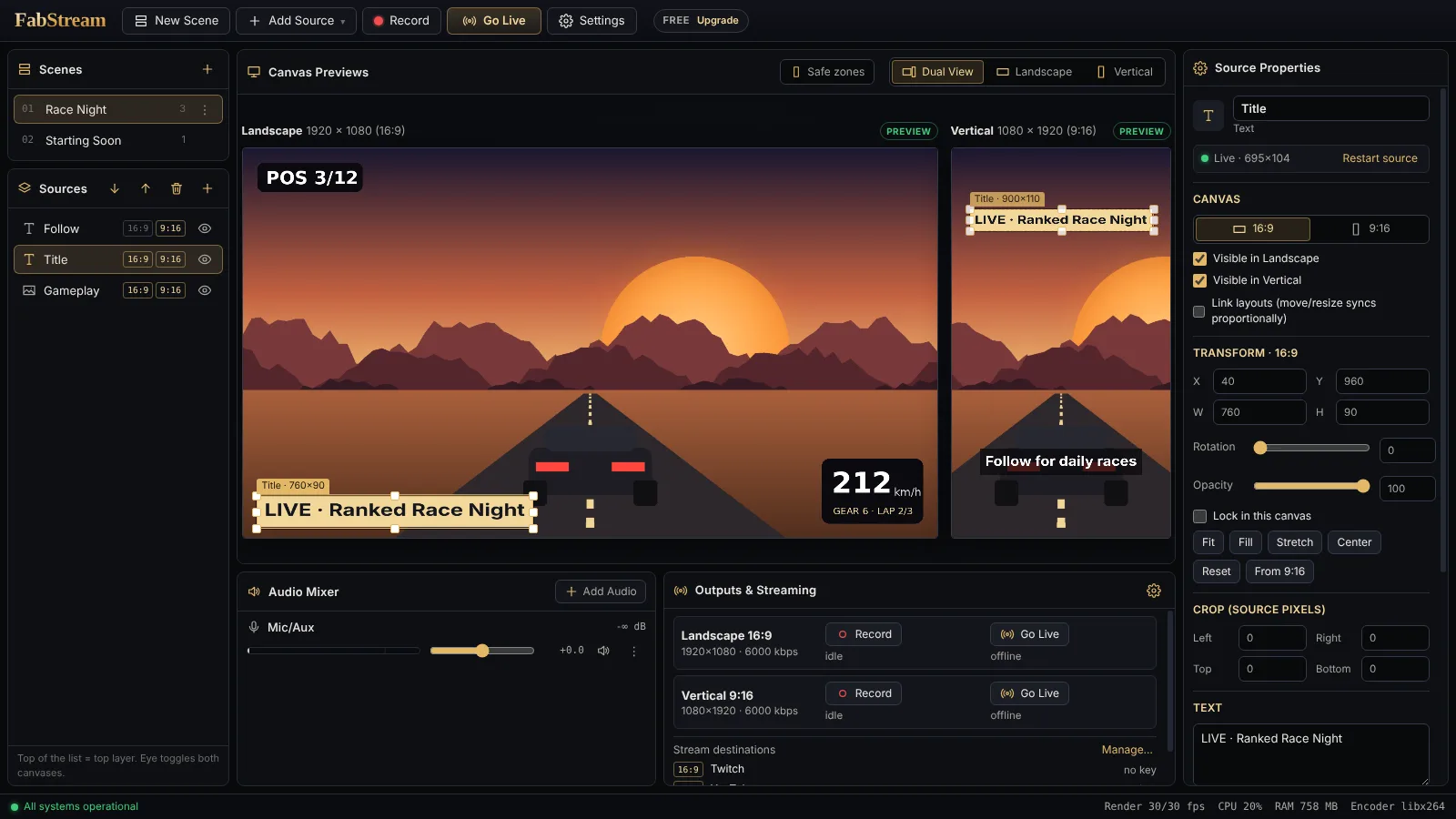 FabStream editor with the 16:9 and the 9:16 canvas side by side